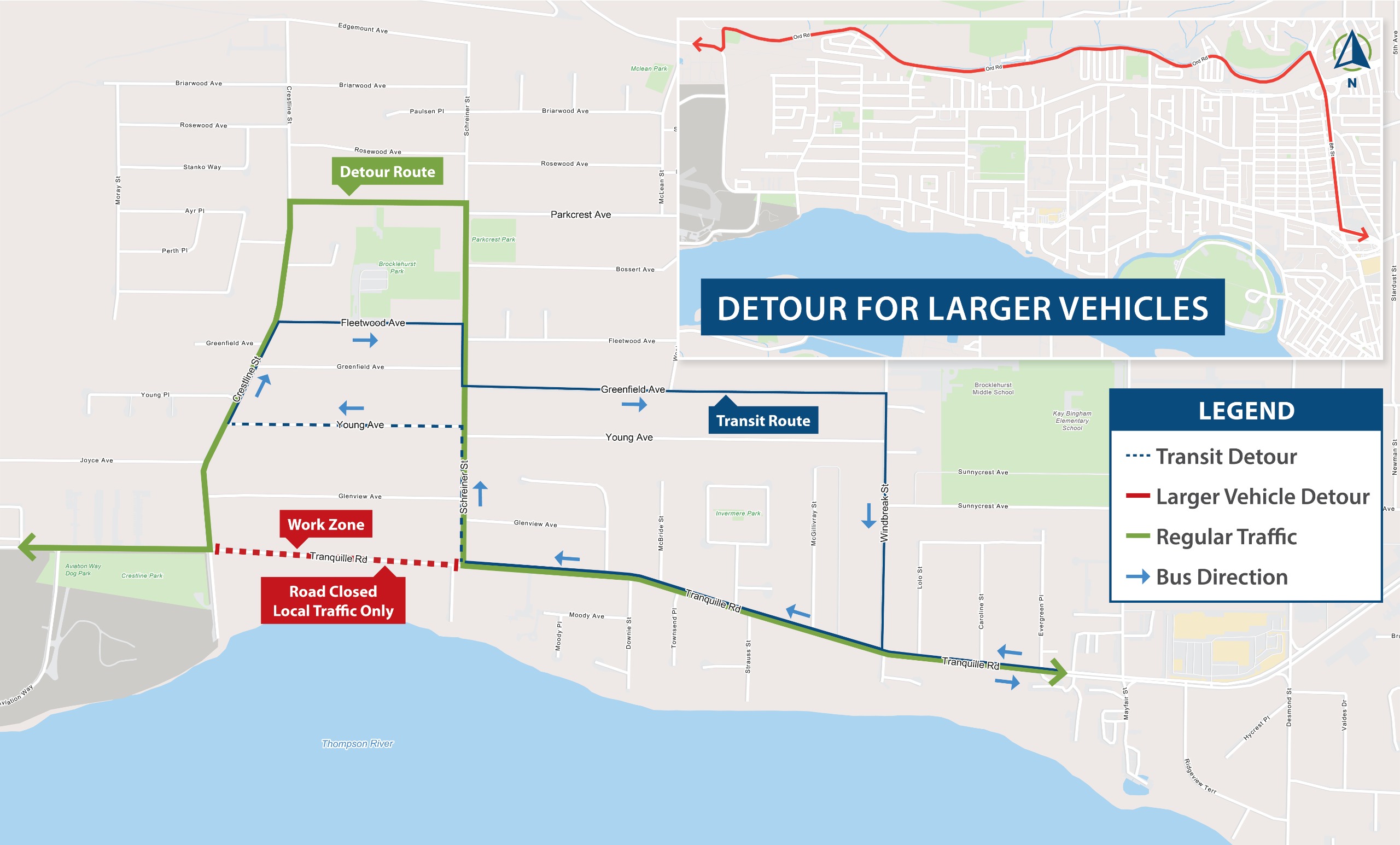 A map of construction in kamloops, depicting a closure on Tranquille Road between Crestline St. and Schriner St..